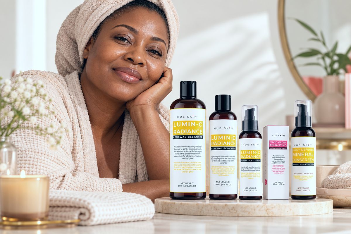 Woman with melanin-rich skin and a simple skincare routine illustrating skin cycling and barrier care.