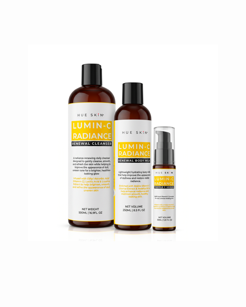 Beginner Brightening Routine featuring LUMIN-C Radiance Renewal Cleanser and Body Oil set for radiant skin support.