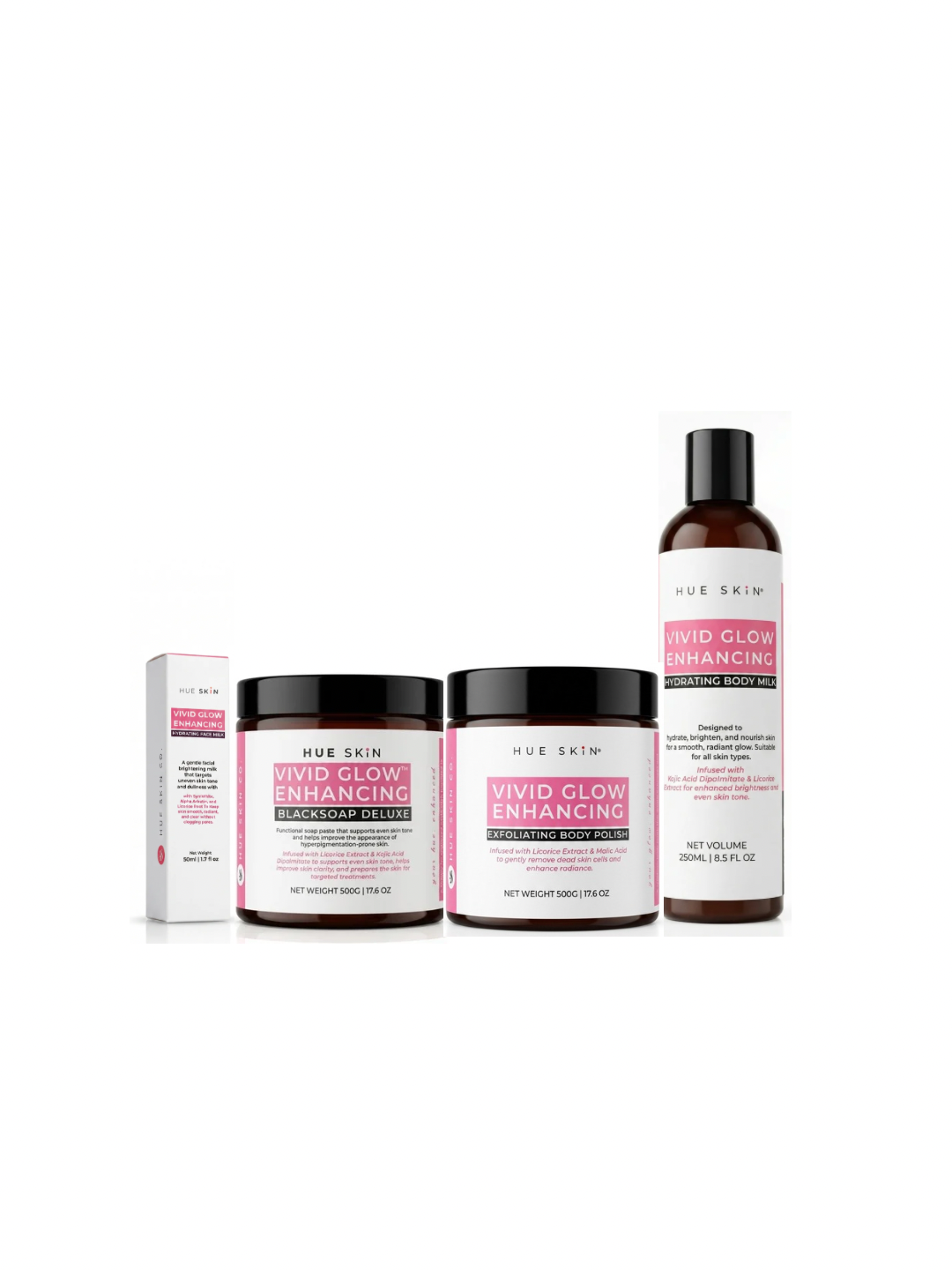 Vivid Glow Brightening Essentials set for a complete Skin Brightening Routine, including various skincare products for glowing skin.