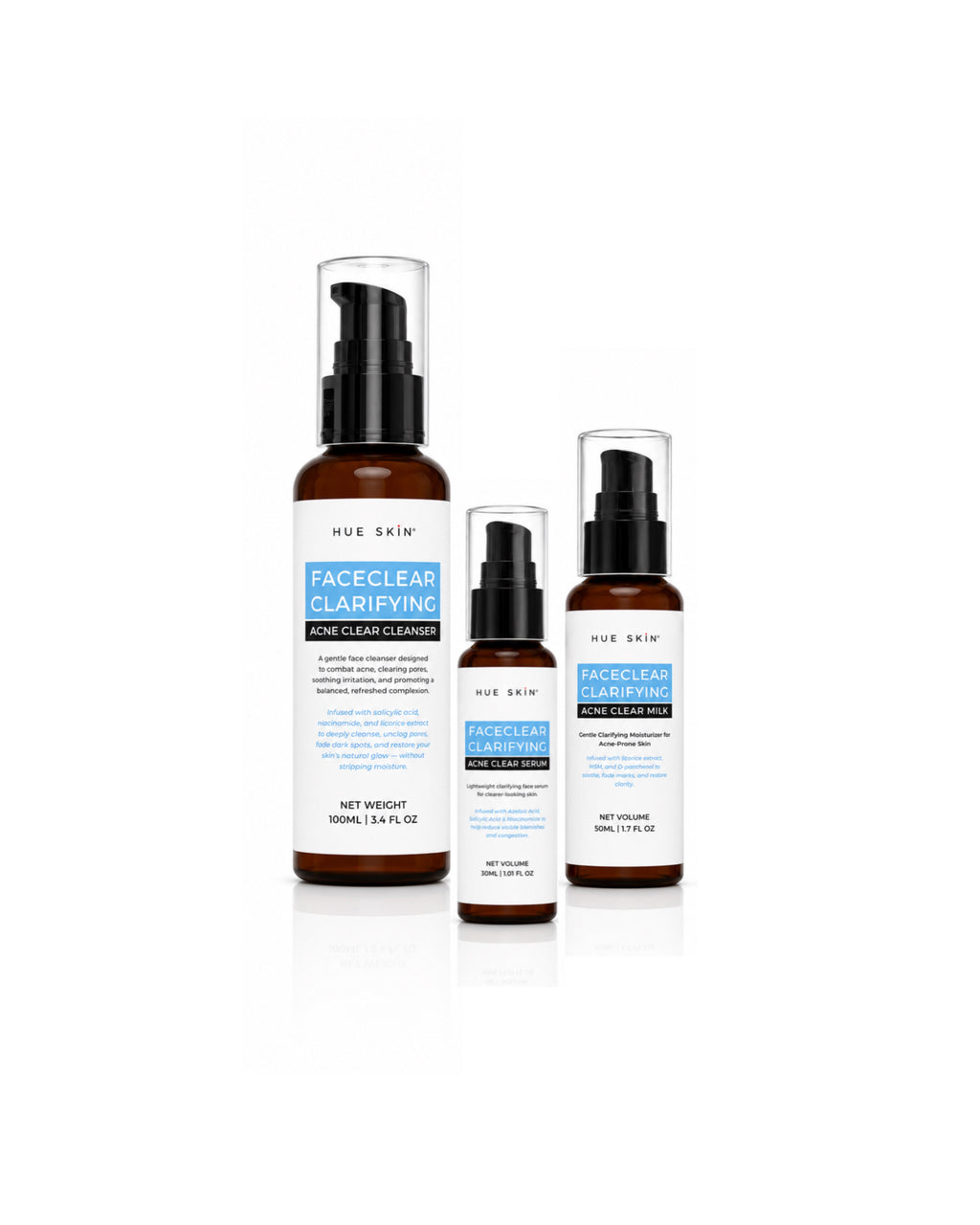 Beginner Acne Routine products by Hue Skin, featuring FaceClear Clarifying cleanser and treatment sprays.