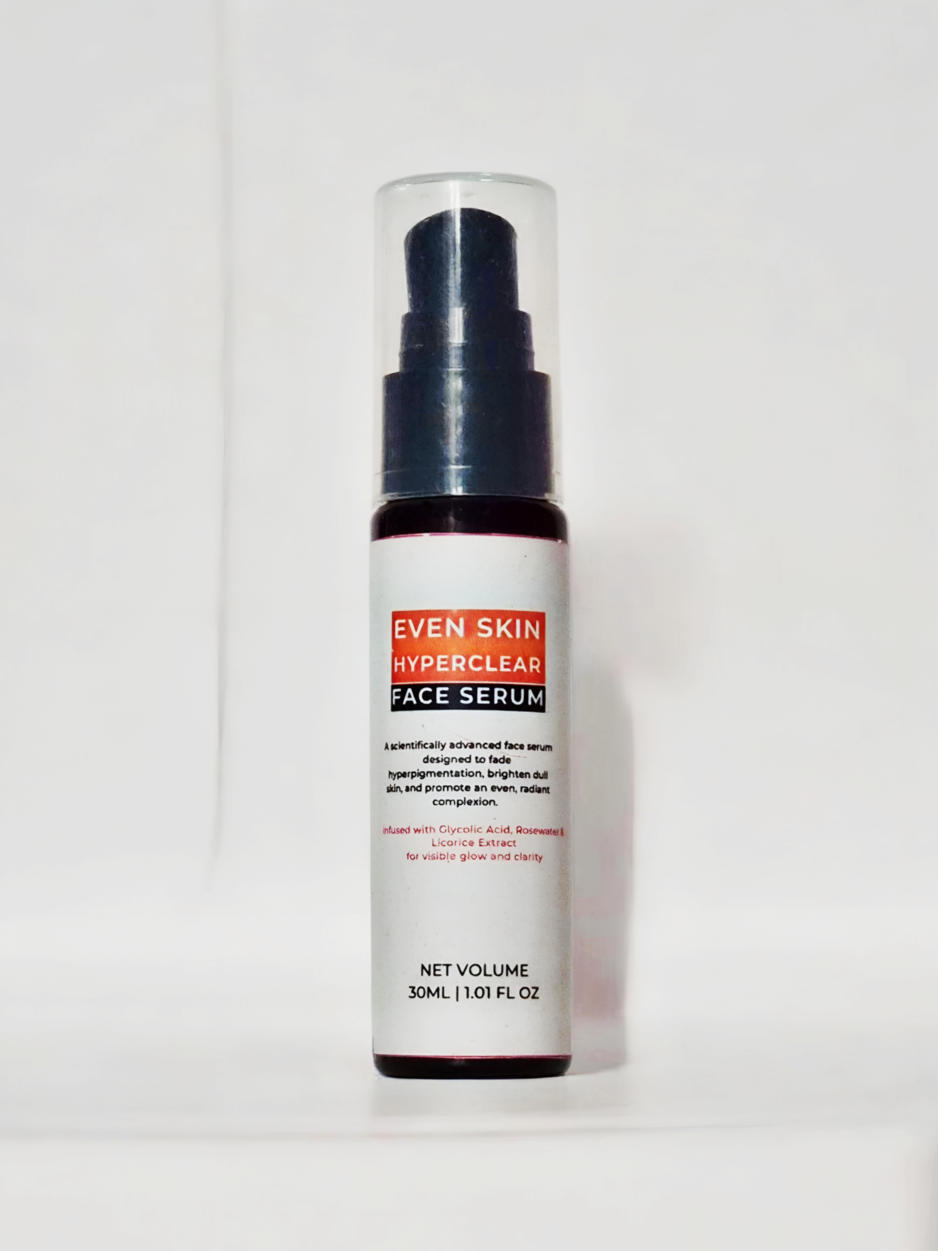 Even Skin HyperClear Face Serum bottle for hyperpigmentation care, lightweight and fast-absorbing for brightening skin.