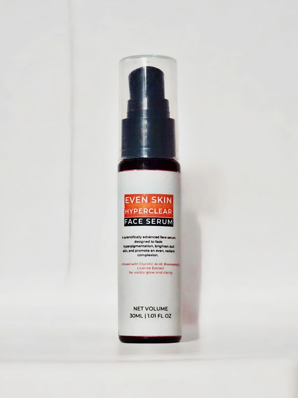 Even Skin HyperClear Face Serum bottle for hyperpigmentation care, lightweight and fast-absorbing for brightening skin.